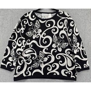 Alfred Dunner Women's XL Black White Butterfly Sweater Beaded Scroll Knit Career